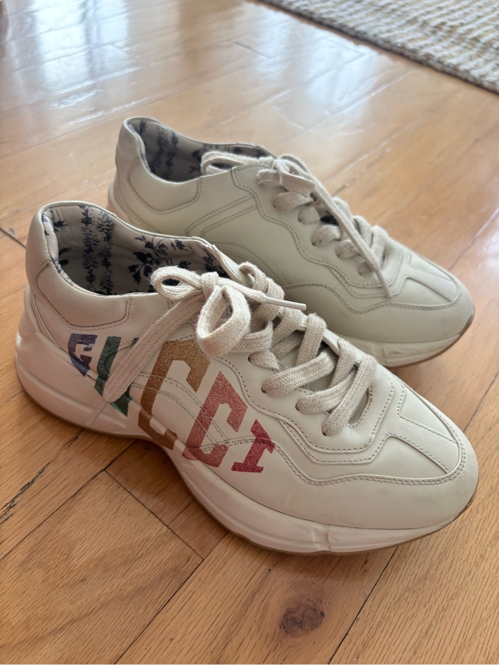 Gucci Cream Leather Sneakers with Multicolor GG Logo